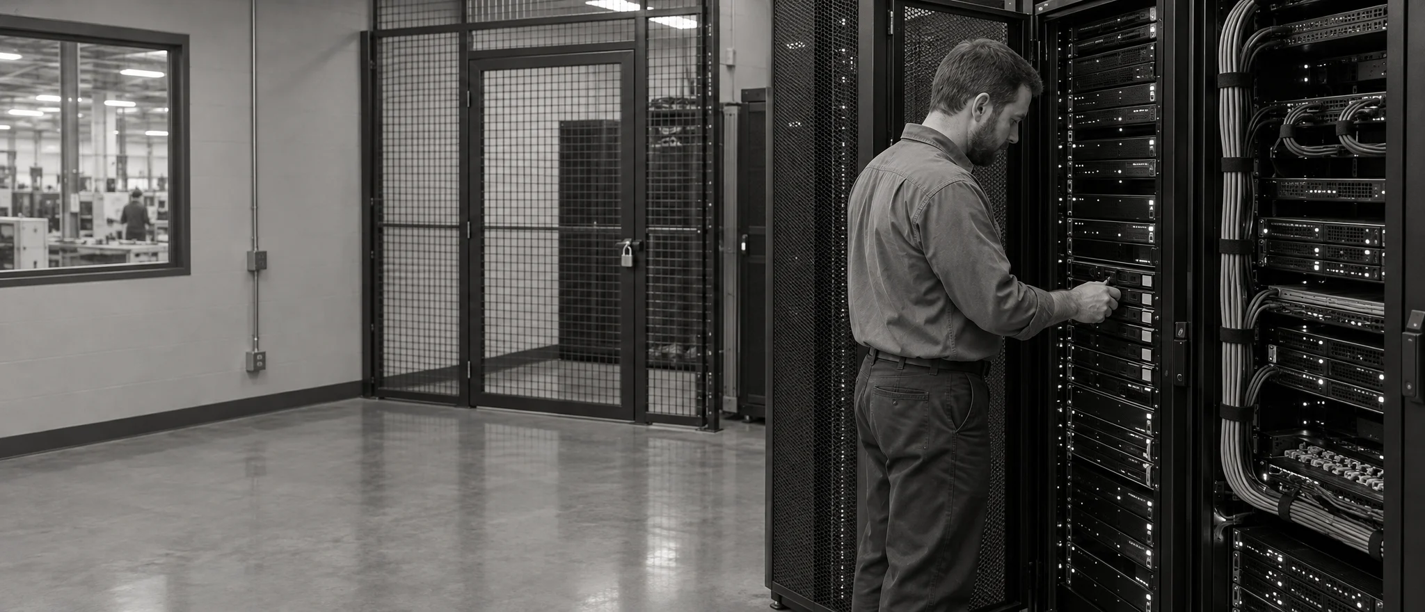 A technician checks a drive bay in an on-premises server rack inside a locked server room