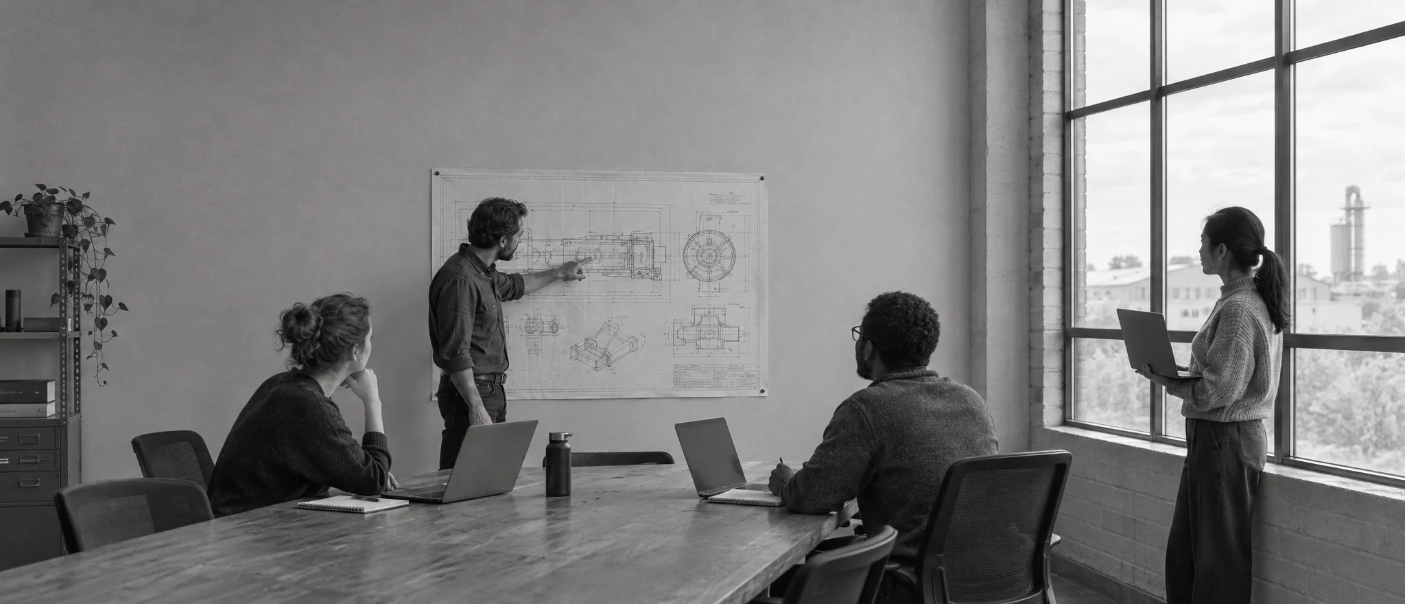 An engineering team discusses a technical drawing pinned to the wall of an industrial office