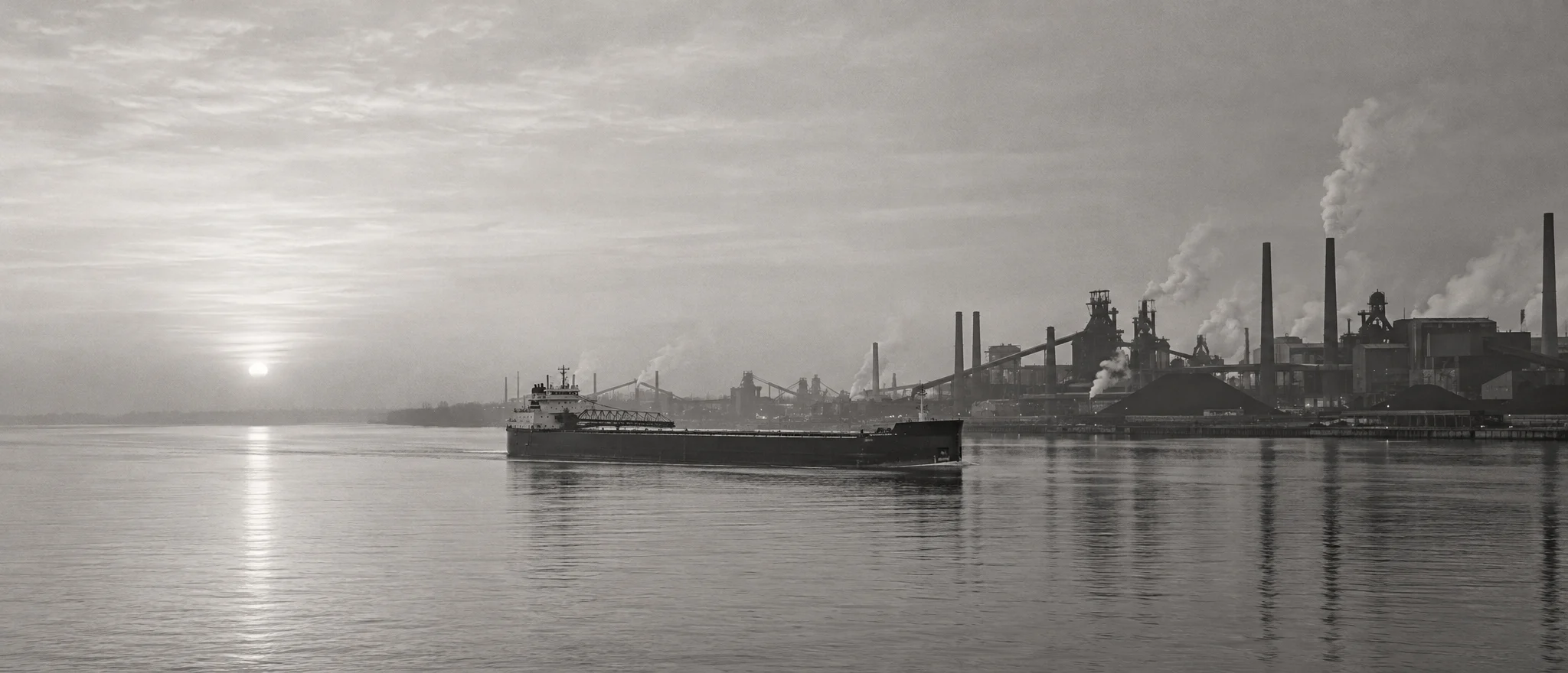 A Great Lakes freighter passes steel mills on the Detroit River at dawn