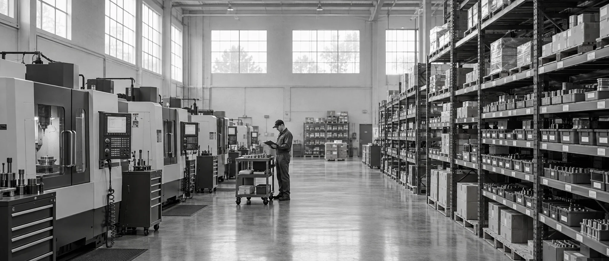 A machinist reviews a clipboard between CNC machines and shelves of labeled parts bins