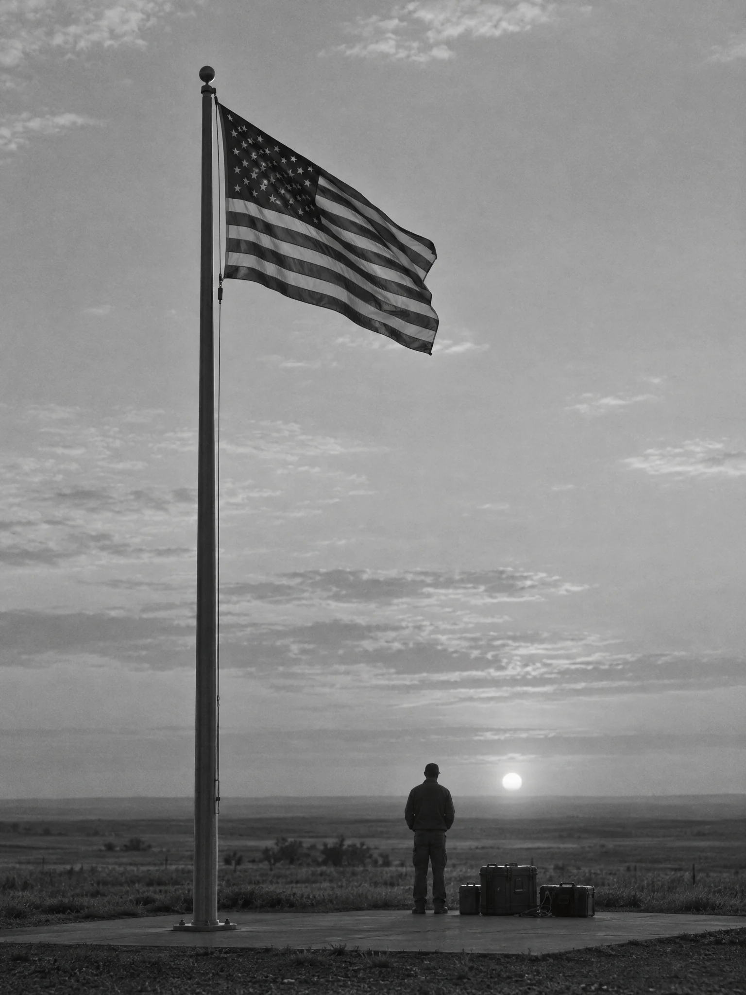 An American flag lifting in the wind at dawn above a lone figure standing beside equipment cases
