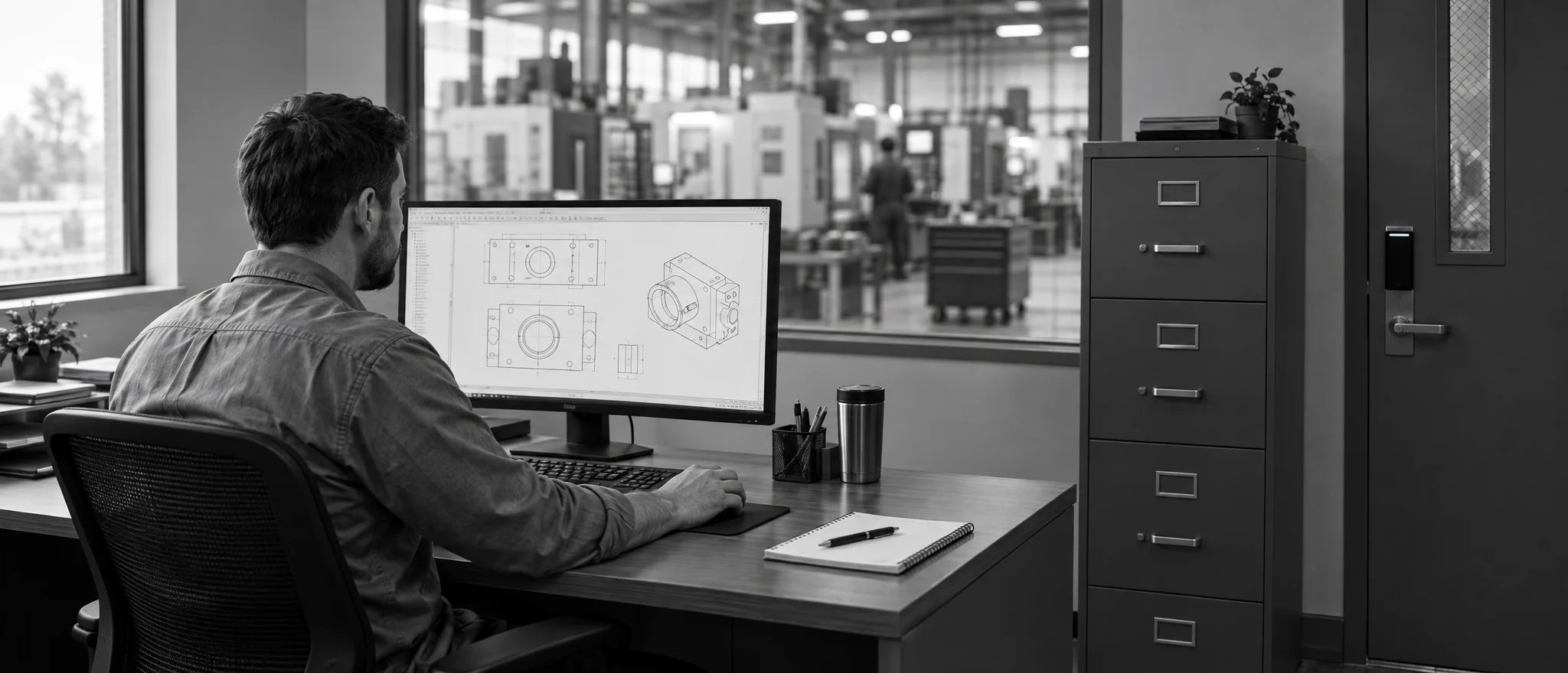 An engineer reviews a technical drawing at his desk in a plant office, beside a locked file cabinet and a badge-reader door