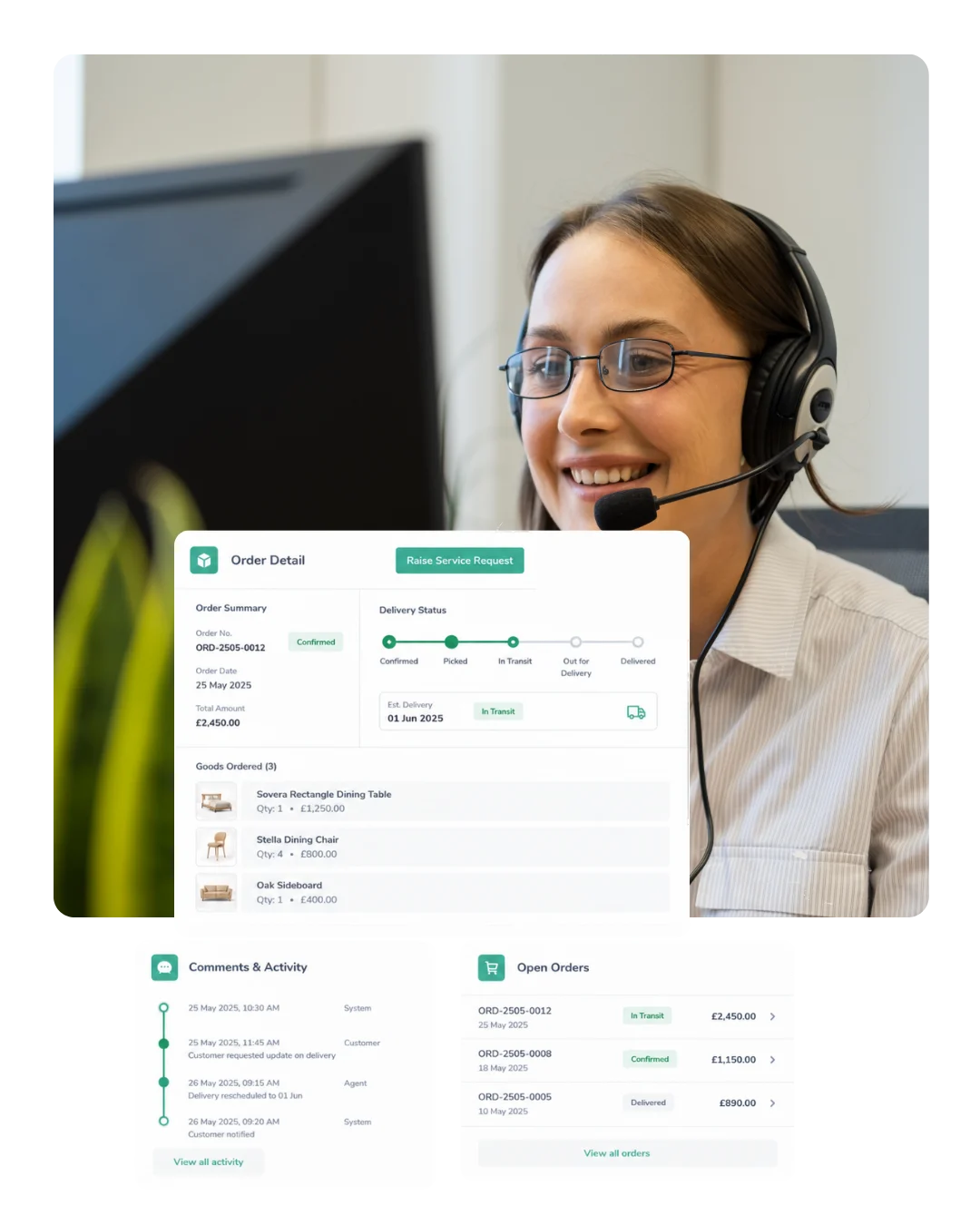 Ordorite order detail, delivery status and customer activity for furniture store customer service