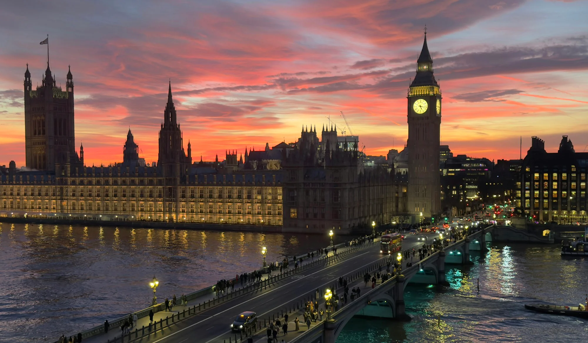 Big Ben and Westminster Bridge in London at sunset