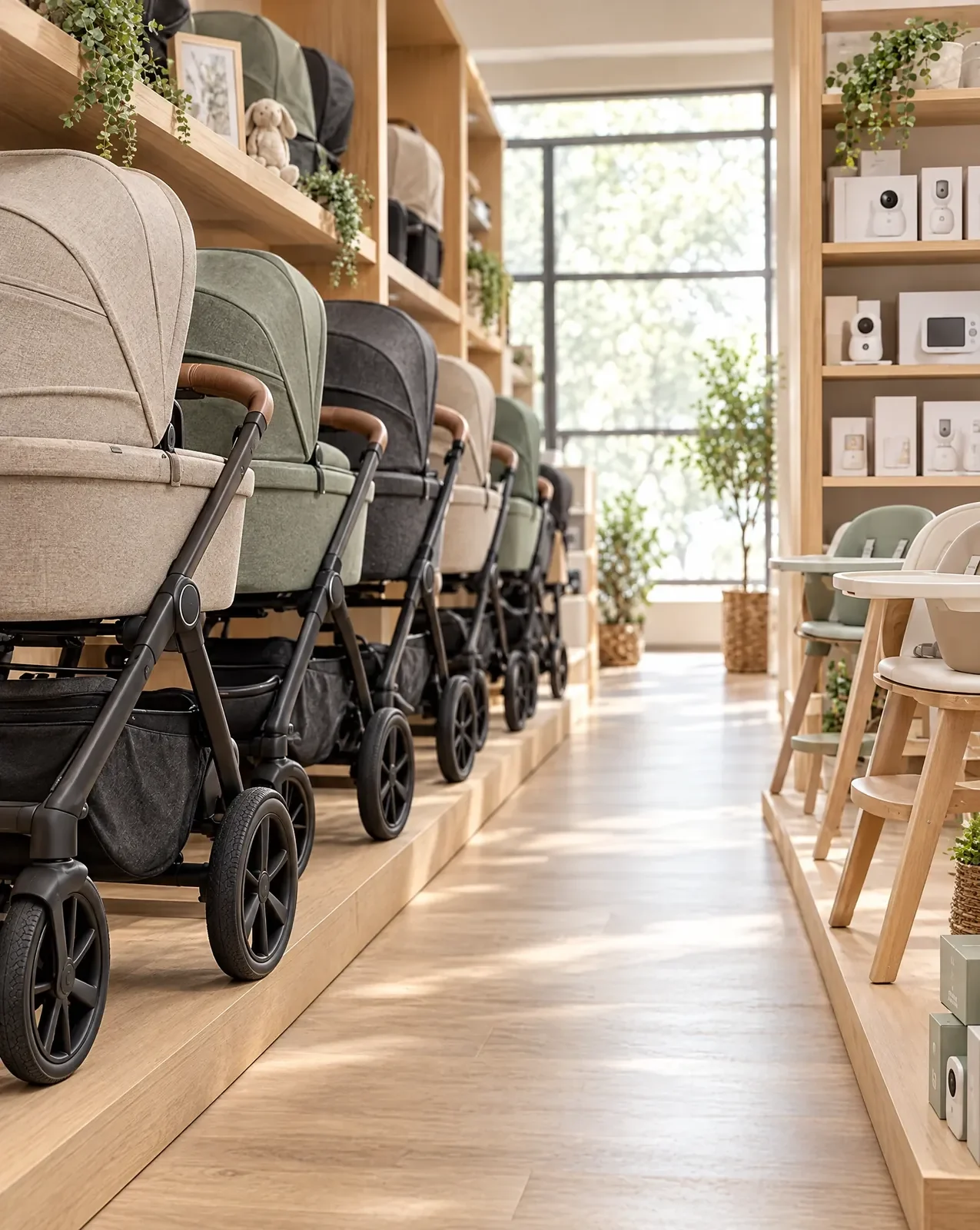 Row of prams and pushchairs on display in a baby store