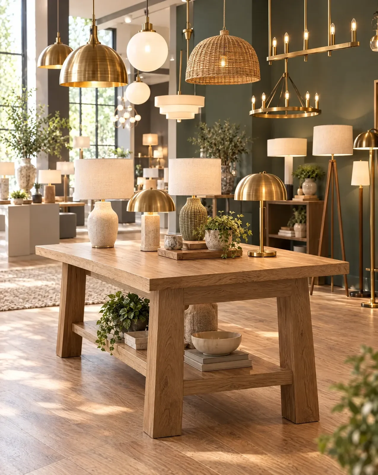 Lighting showroom with brass, glass and rattan pendants above an oak table of lamps