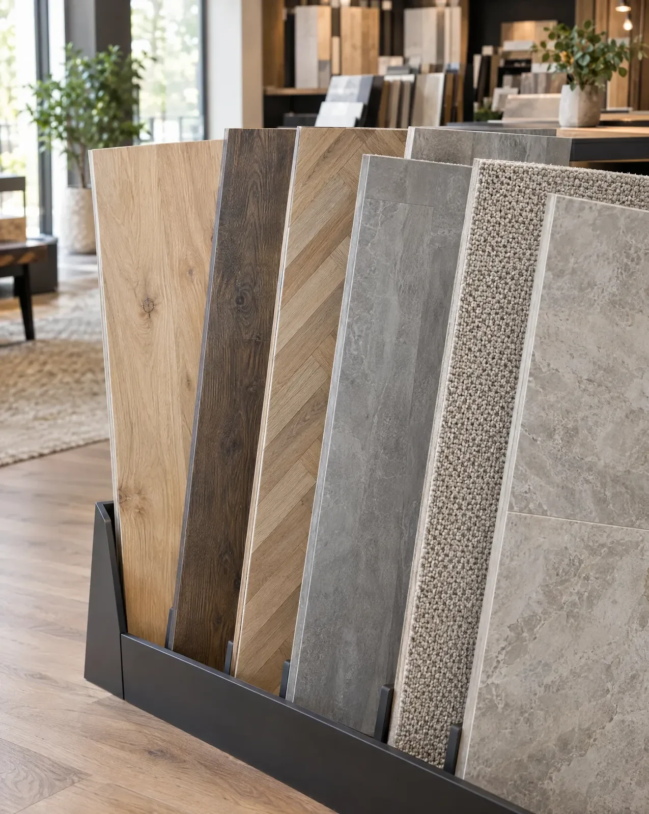 Flooring sample boards in oak, herringbone, vinyl, carpet and stone-effect finishes