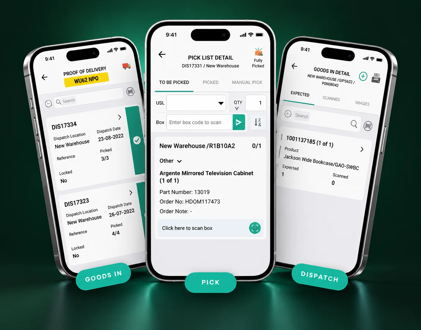 Ordorite warehouse management mobile app screens for goods in, picking and dispatch