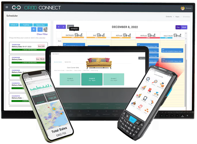 Ordorite Connect across devices: delivery scheduler on a monitor, product options on a tablet, sales on a phone and a handheld scanner