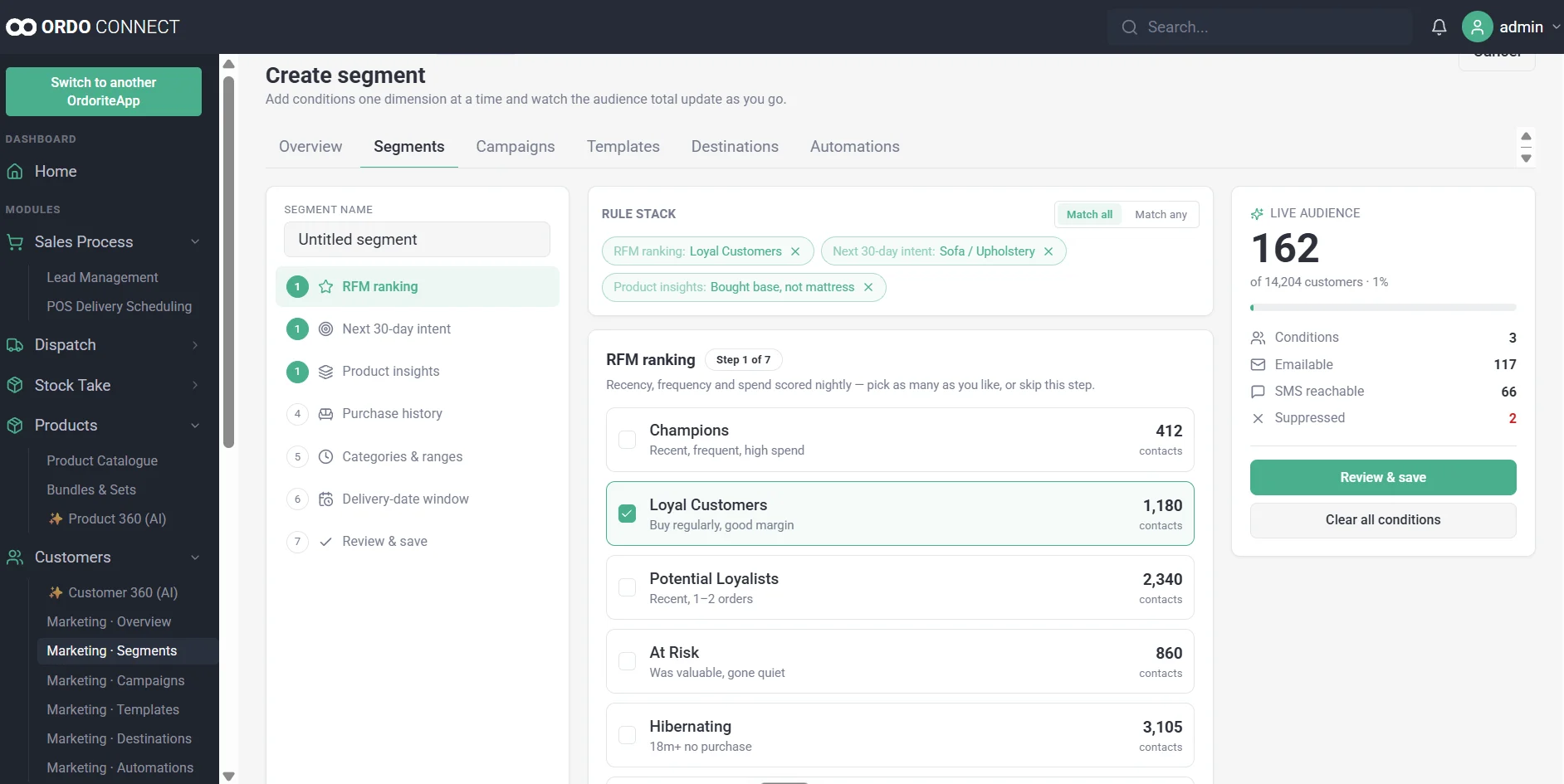Ordorite Grow Hub customer segmentation with RFM ranking and a live audience count