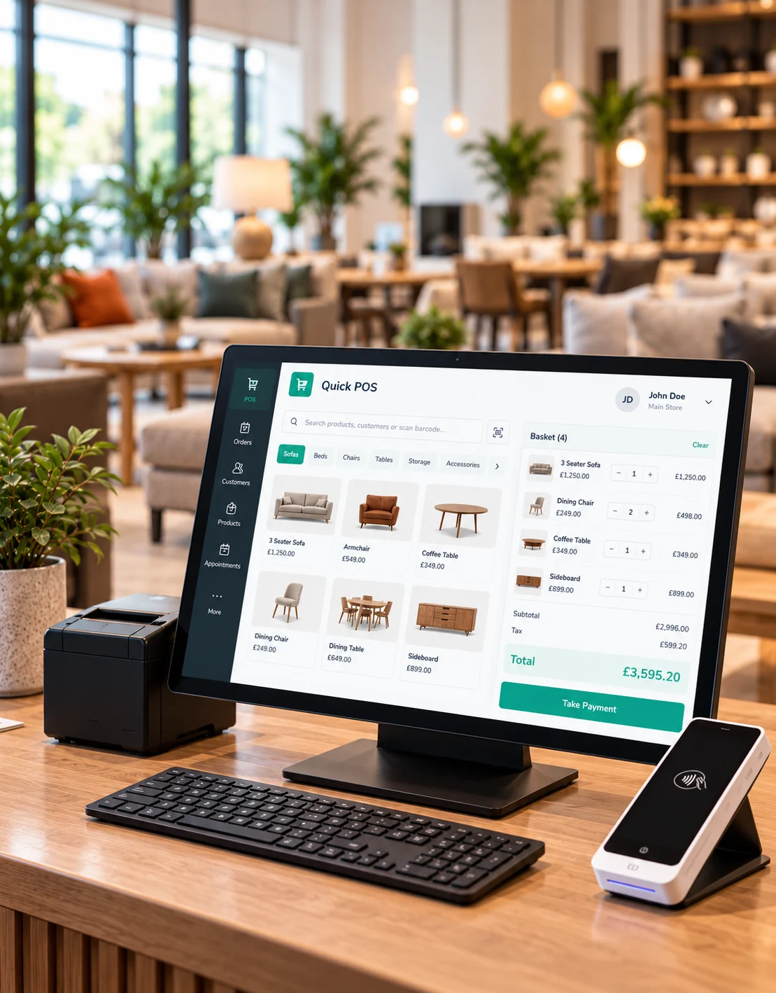 Ordorite Quick POS basket with sofas, chairs and tables ready for payment in a furniture store