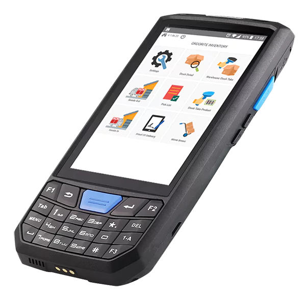Rugged handheld device displaying the Ordorite inventory app