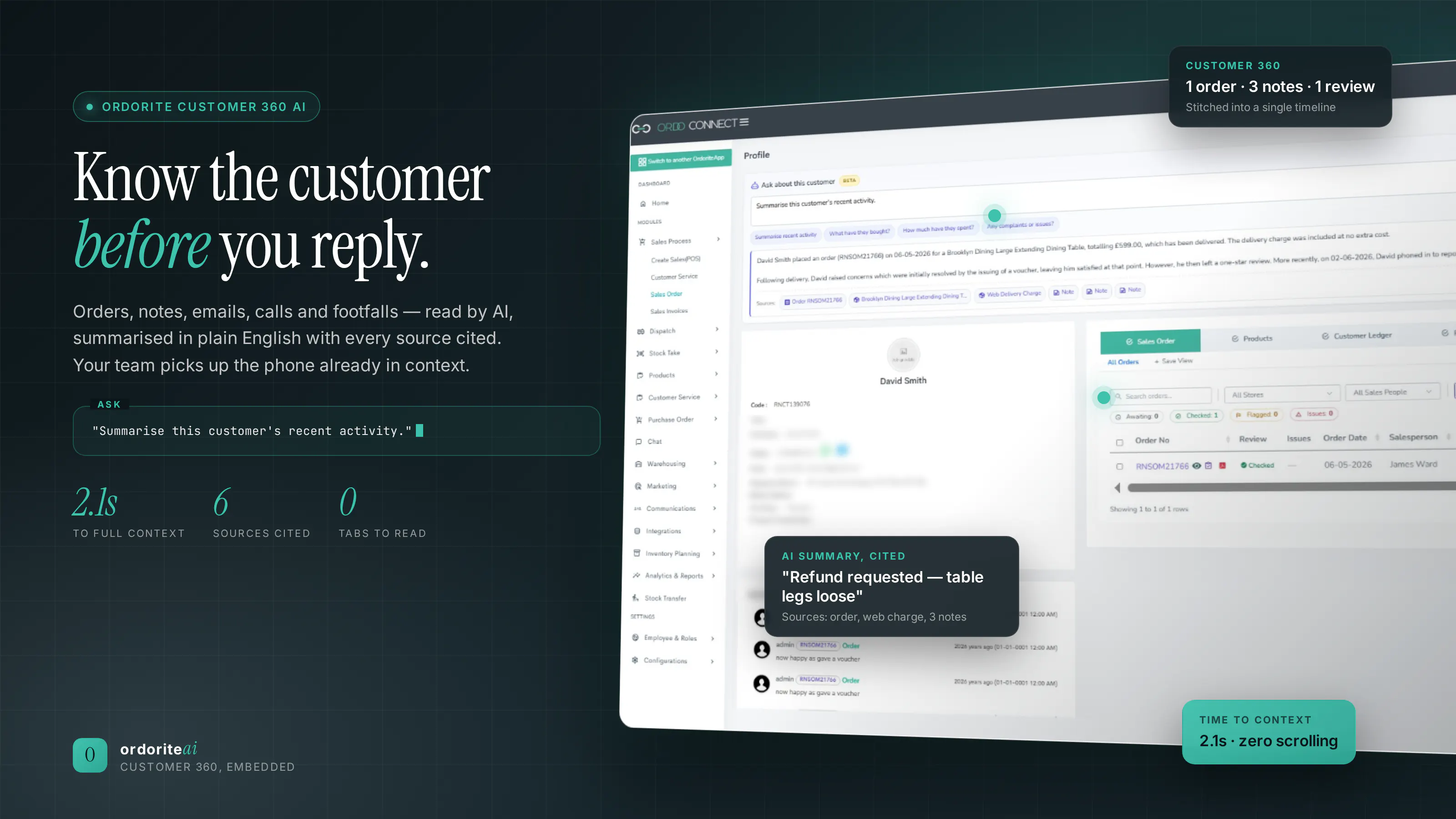 Ordorite Customer 360 AI summarising a customer's orders, notes and review in plain English, with every source cited