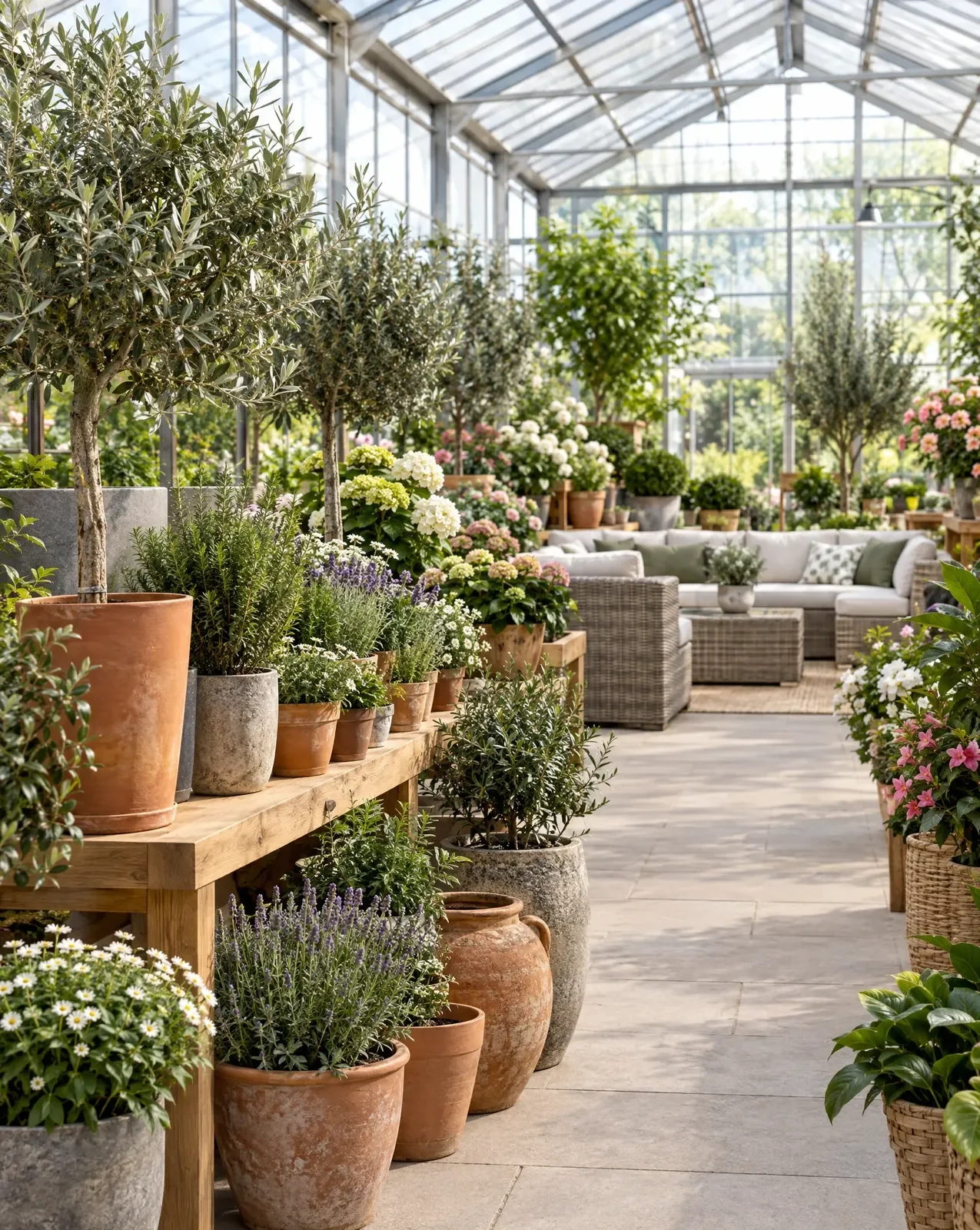 Garden centre glasshouse with olive trees, potted plants and outdoor furniture