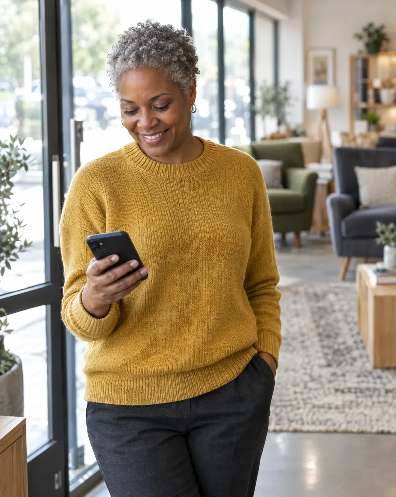 Furniture retailer owner smiling at her phone just inside the front doors of her showroom