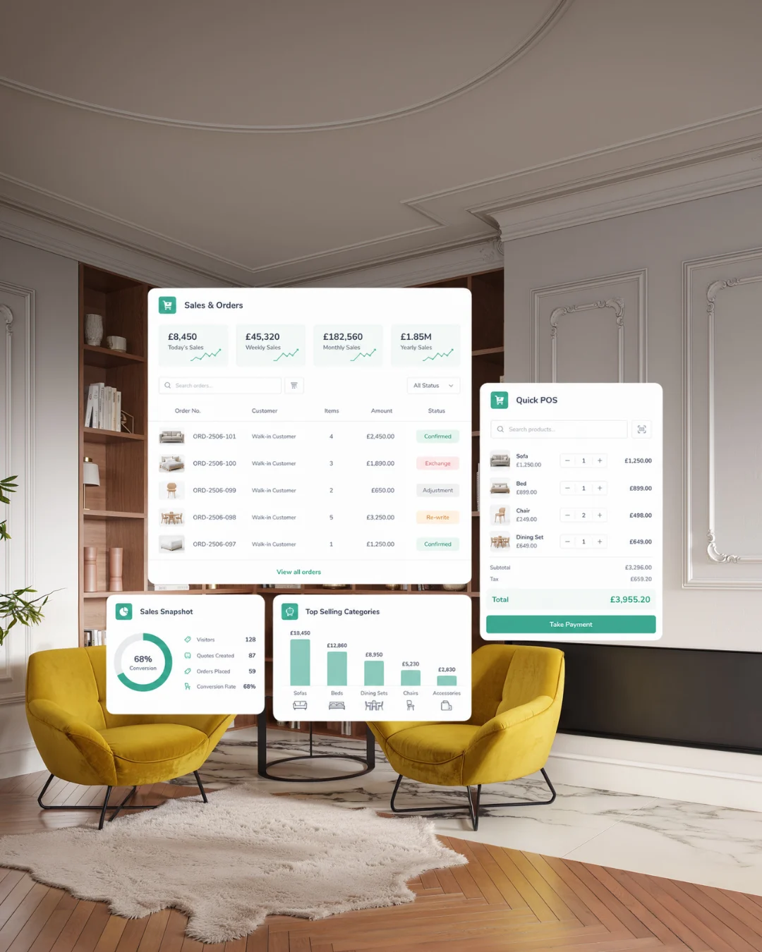 Independent furniture showroom with Ordorite sales, orders and point of sale screens