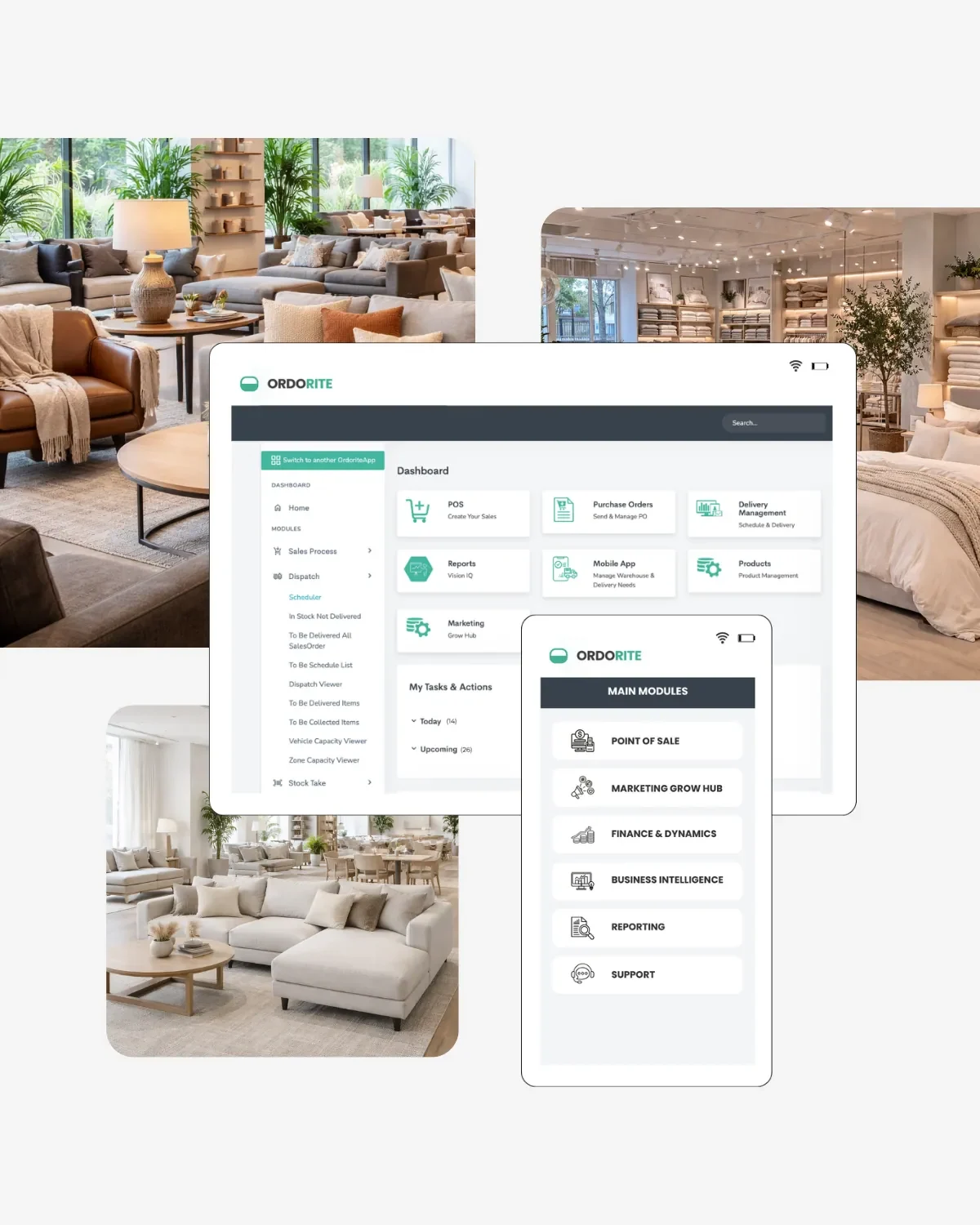 Ordorite dashboard and mobile modules shown over furniture and bedding showrooms