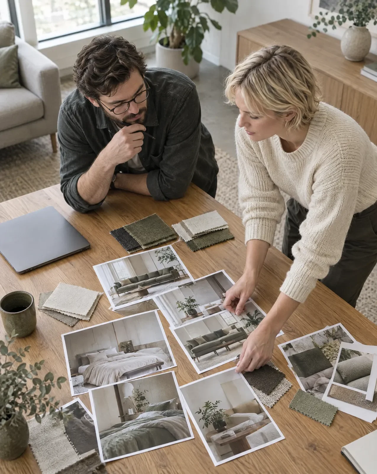 Two marketers planning a campaign over printed room photos and fabric swatches