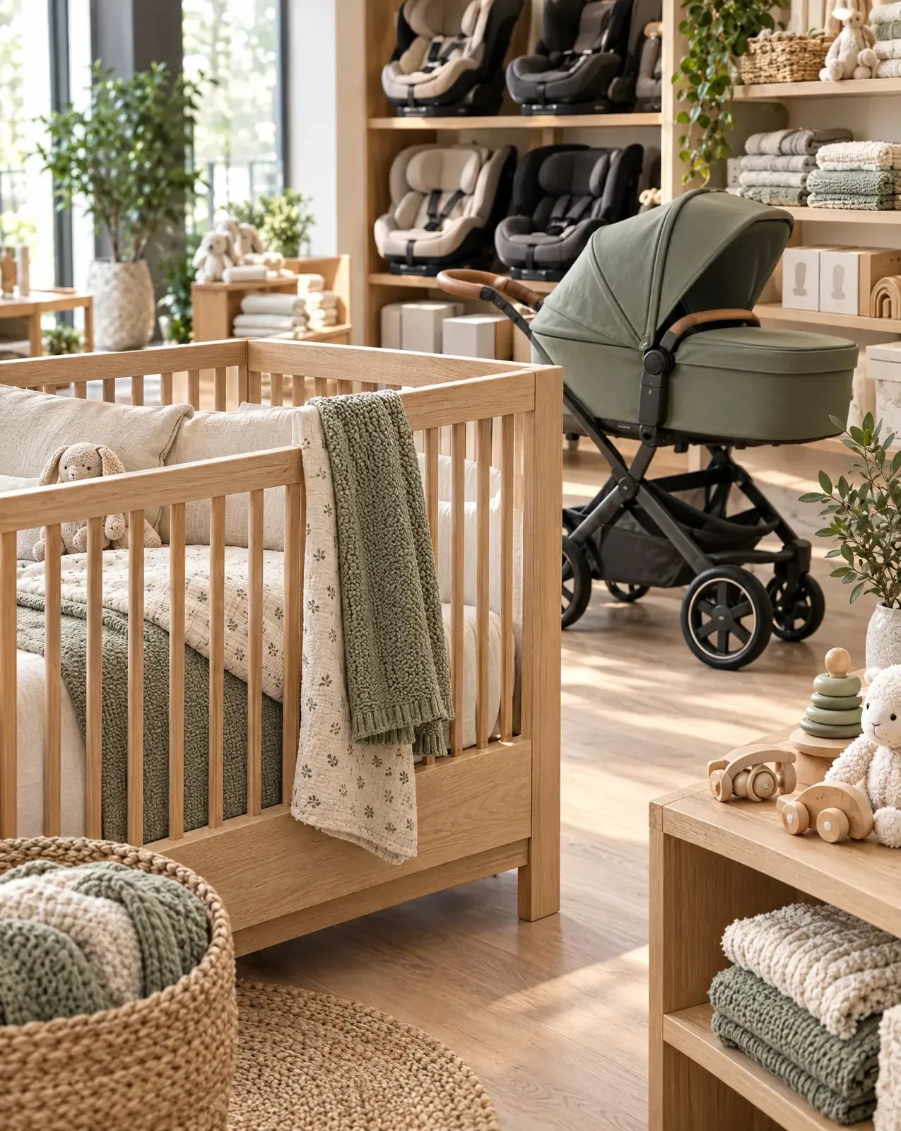 Nursery store display with an oak cot, a sage pram and car seats on shelves