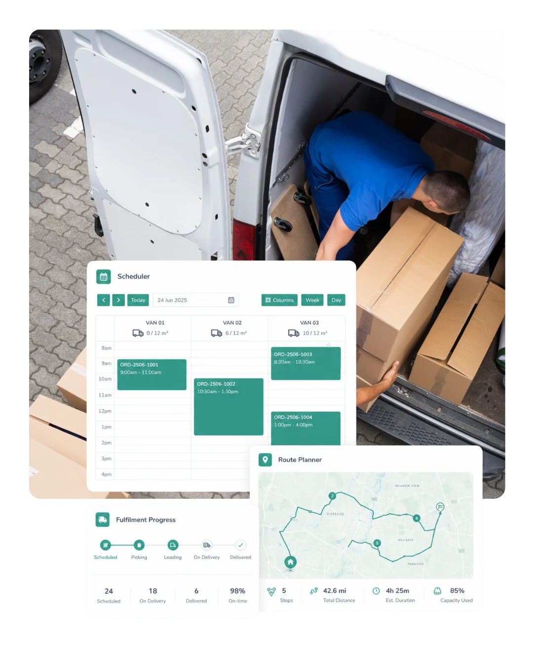 Ordorite delivery scheduler, route planner and fulfilment progress beside a delivery van