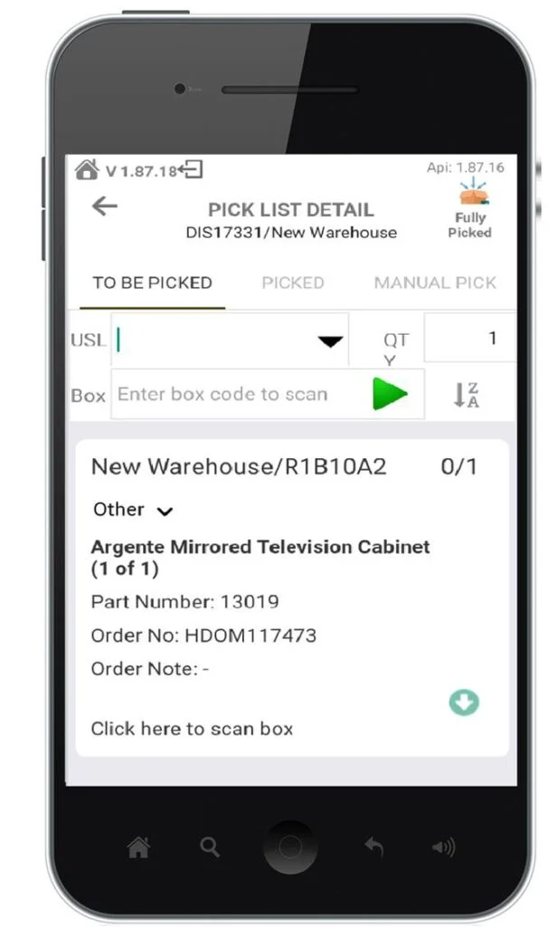Ordorite mobile warehouse pick-list detail screen