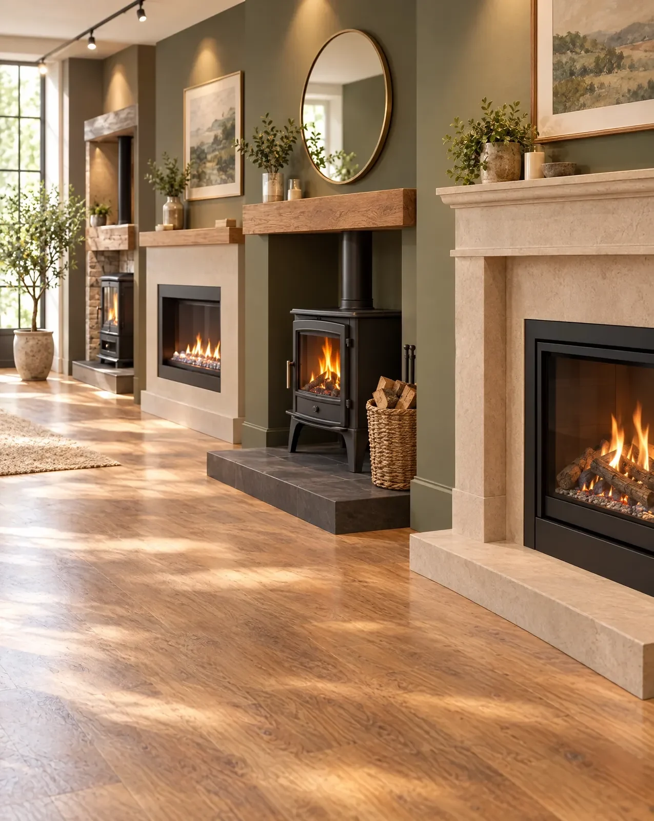 Fireplace showroom with an inset gas fire, a wood-burning stove on a slate hearth and a stone surround