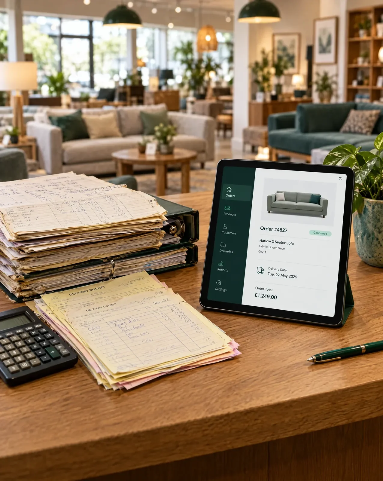 Handwritten order books and delivery dockets beside a tablet showing a live Ordorite order