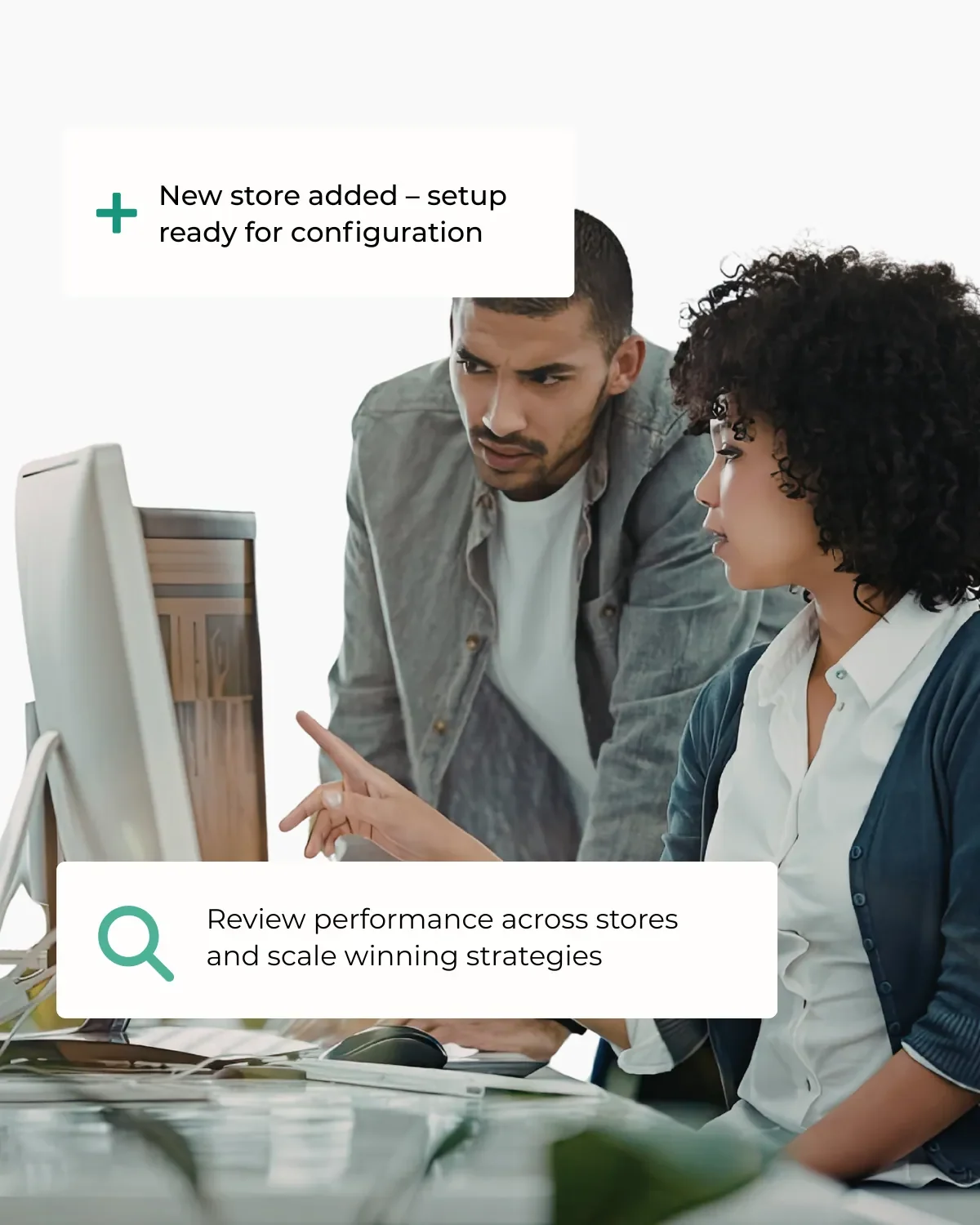 Retail business owners reviewing performance across stores in Ordorite after adding a new store