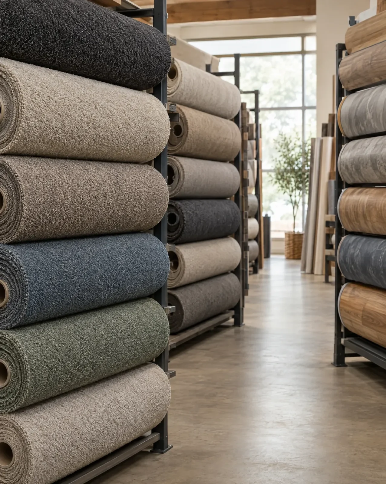 Carpet and vinyl rolls stacked on stockroom racks