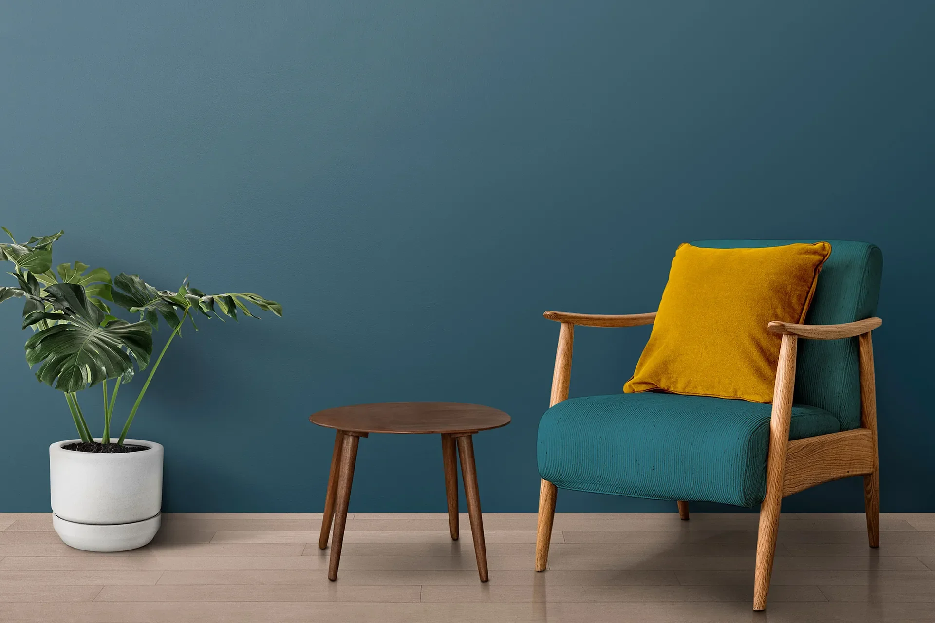 Furniture showroom scene with a teal chair and mustard cushion