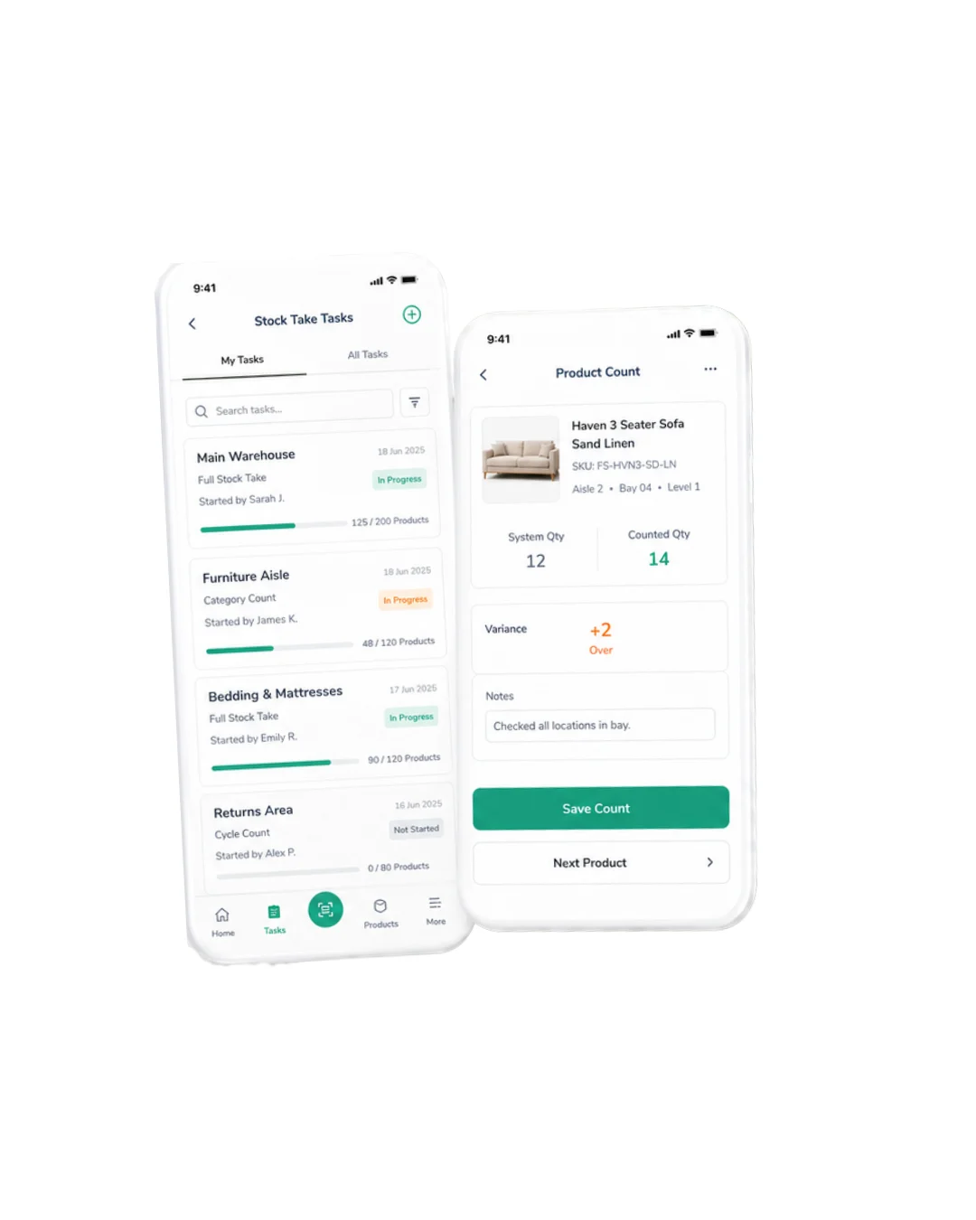 Ordorite stock take app on two phones for barcode-assisted furniture warehouse stock counts