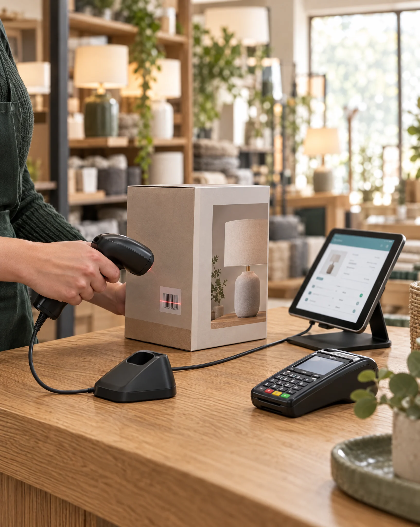 Barcode scanner, tablet and card terminal connected on a shop counter