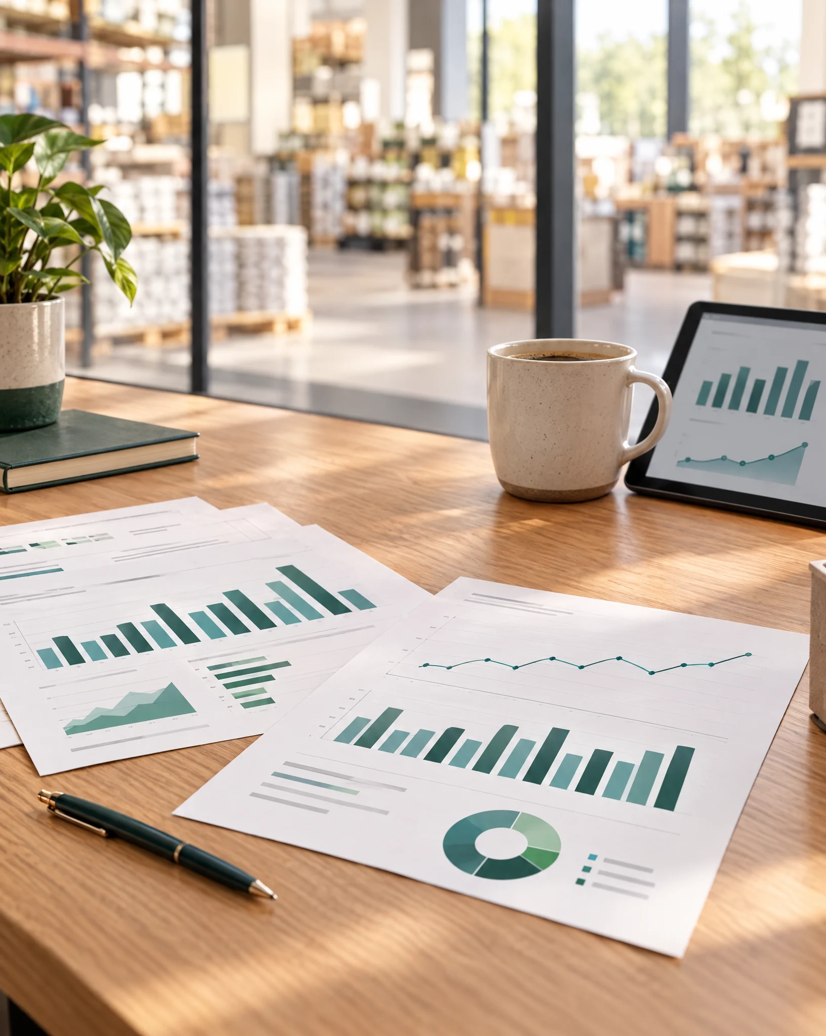 Printed sales and stock reports with charts on a manager's desk