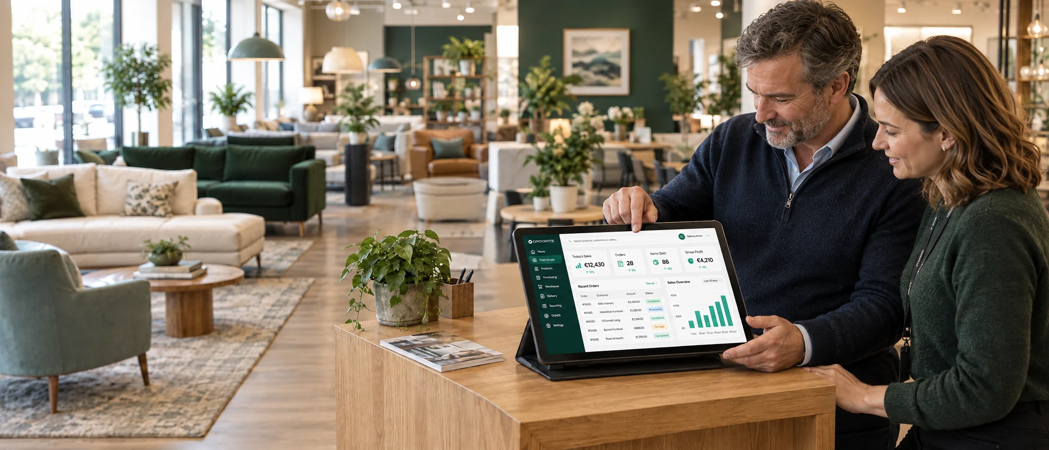 Furniture store owner and colleague reviewing live sales, orders and gross profit in Ordorite retail business management software on a showroom tablet