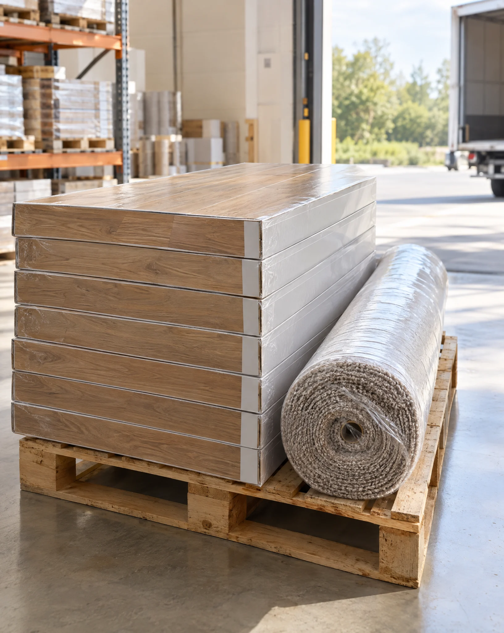 Boxed laminate packs and a wrapped carpet roll on a pallet ready for delivery