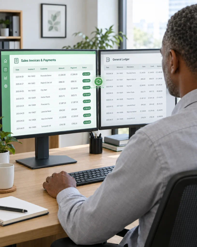 Accountant seeing retail sales and payments synced automatically from Ordorite to the accounts package