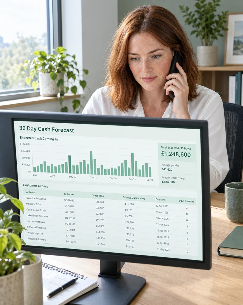 Credit controller reviewing balances outstanding and the next 30 days of expected cash in Ordorite