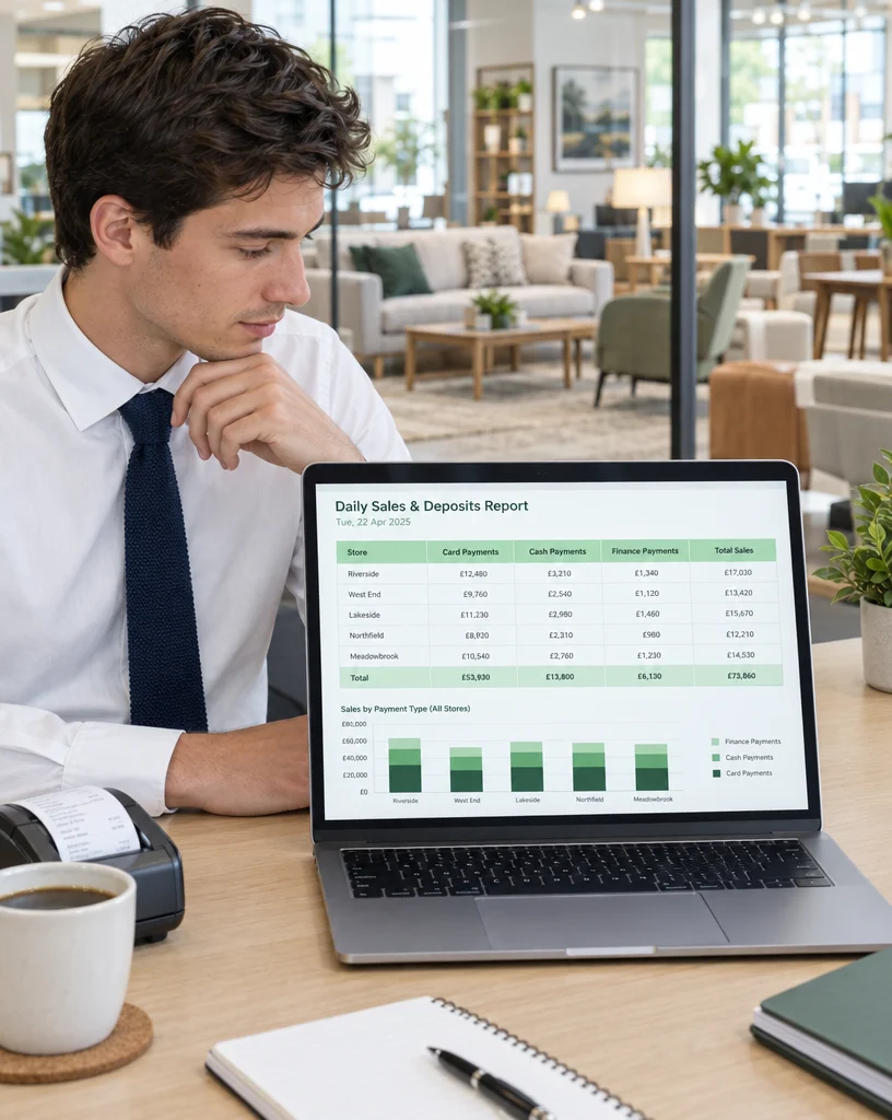 Finance assistant reviewing a daily sales and deposits report by store and payment type in Ordorite