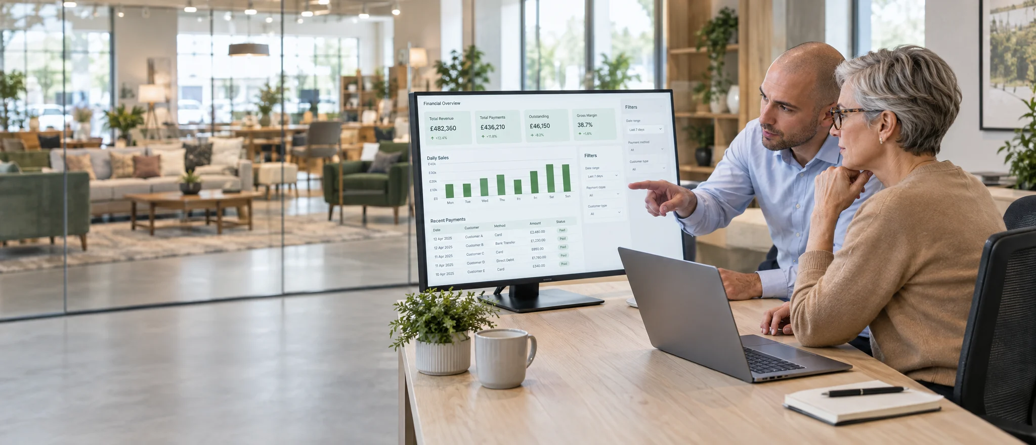CFO and finance manager reviewing daily sales and payments in Ordorite retail finance and reporting software