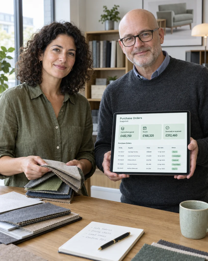Buyer and finance controller reviewing committed spend, stock due in and invoiced vs received purchase orders in Ordorite