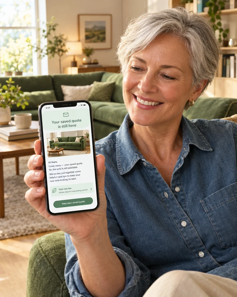 Furniture customer at home receiving an automated quote follow-up and aftercare email from her retailer