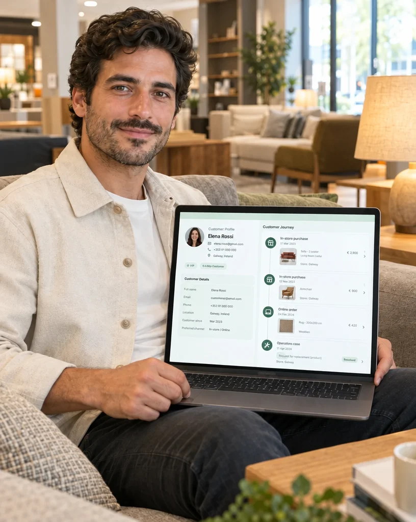 Retail CRM manager viewing one Ordorite customer record across stores, online orders and aftersales