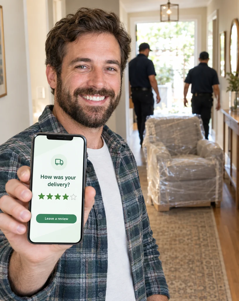 Customer receiving a review request on his phone after a furniture delivery