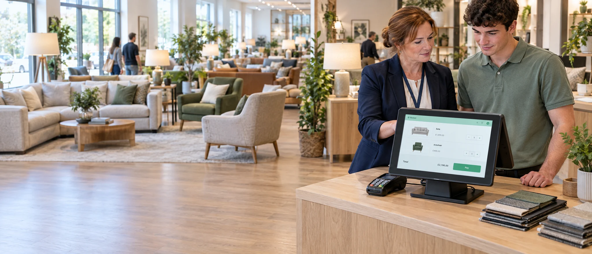 Store manager and showroom sales assistant using Ordorite retail store management software at a furniture showroom point of sale