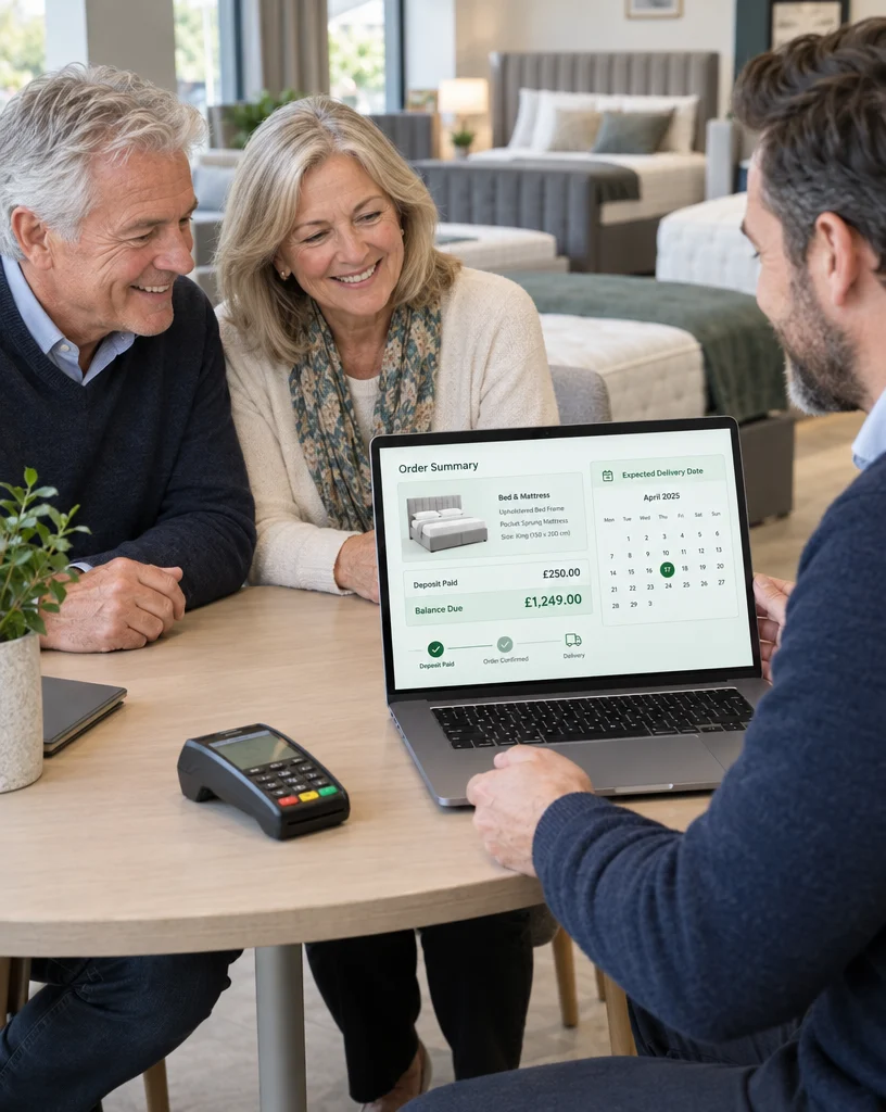Bedding showroom sales advisor confirming a deposit, balance due and delivery date with customers in Ordorite