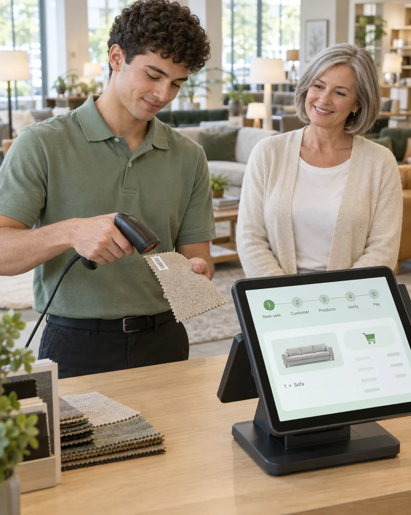 New furniture showroom sales assistant scanning a fabric swatch on the Ordorite point of sale while a colleague looks on