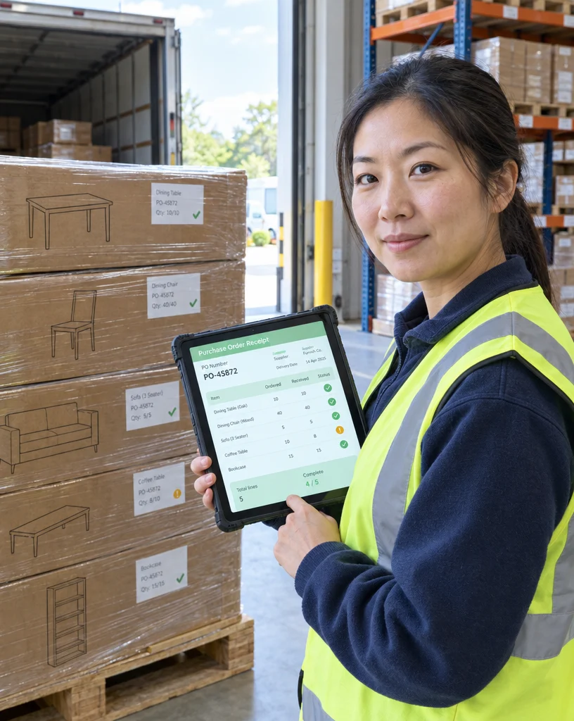 Warehouse operative receiving a furniture supplier delivery against a purchase order in Ordorite on a tablet