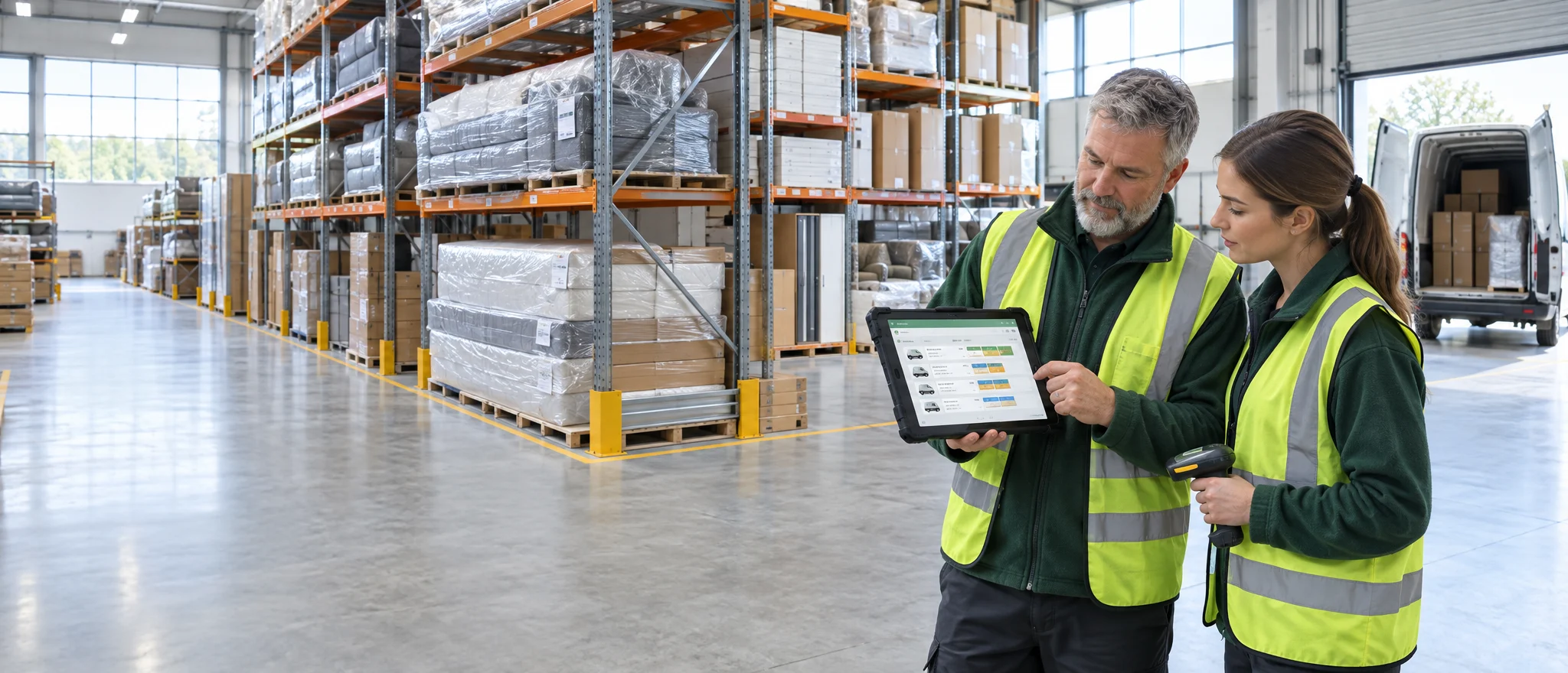 Operations manager and warehouse operative using Ordorite furniture warehouse management software on a tablet beside a loading delivery van