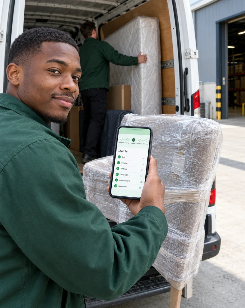 Furniture delivery driver scanning items onto a van in the Ordorite mobile app with live delivery status