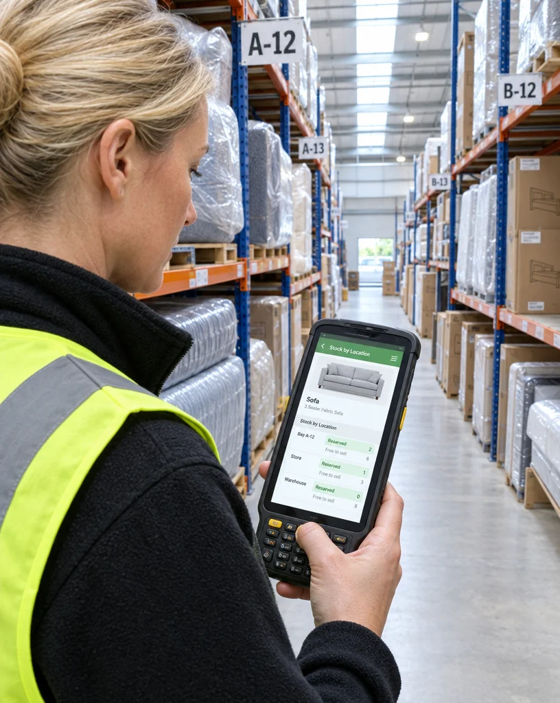 Warehouse supervisor checking reserved and free-to-sell furniture stock by location in the Ordorite warehouse app